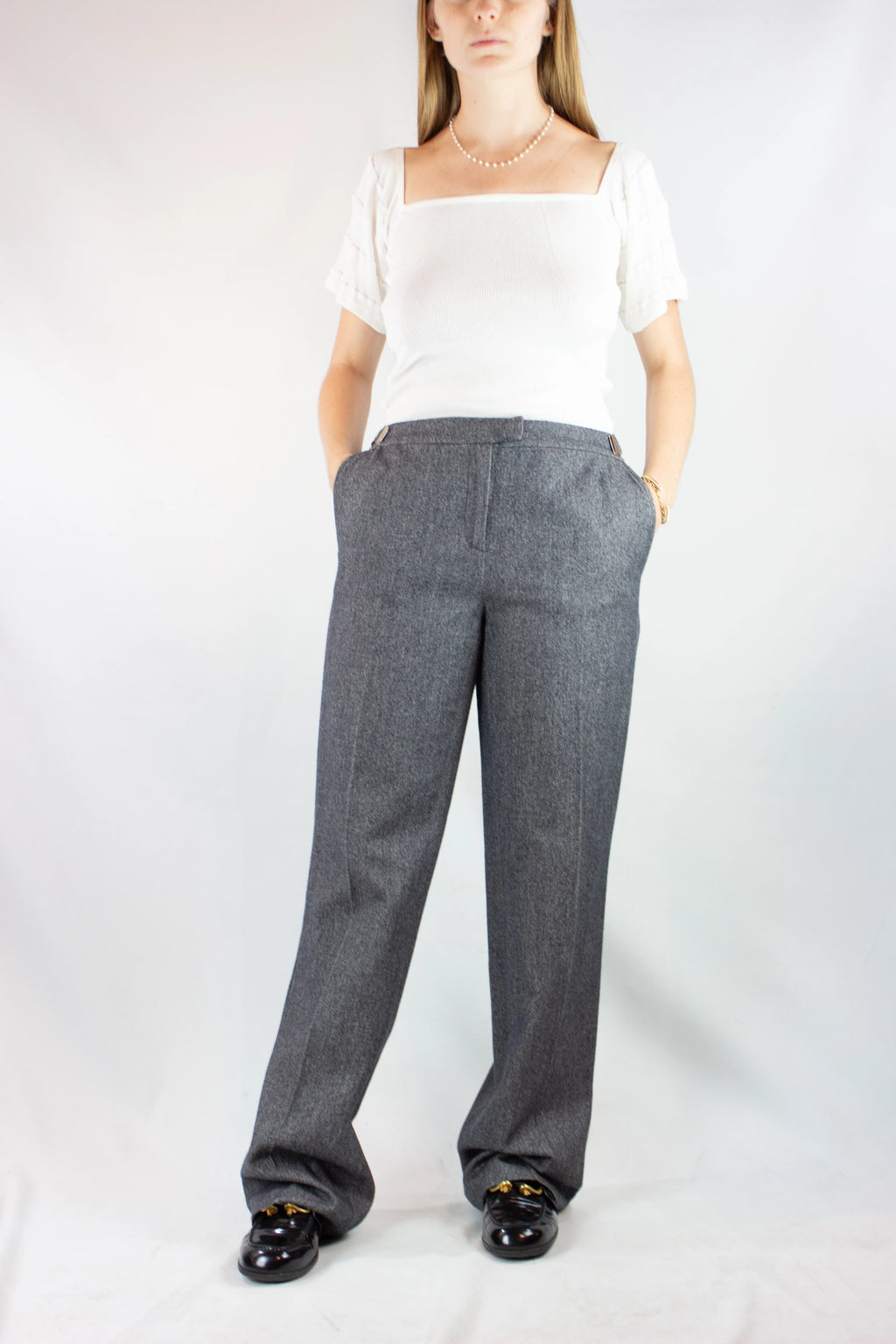 Wool High-Waisted Trousers with Buckle Waistband