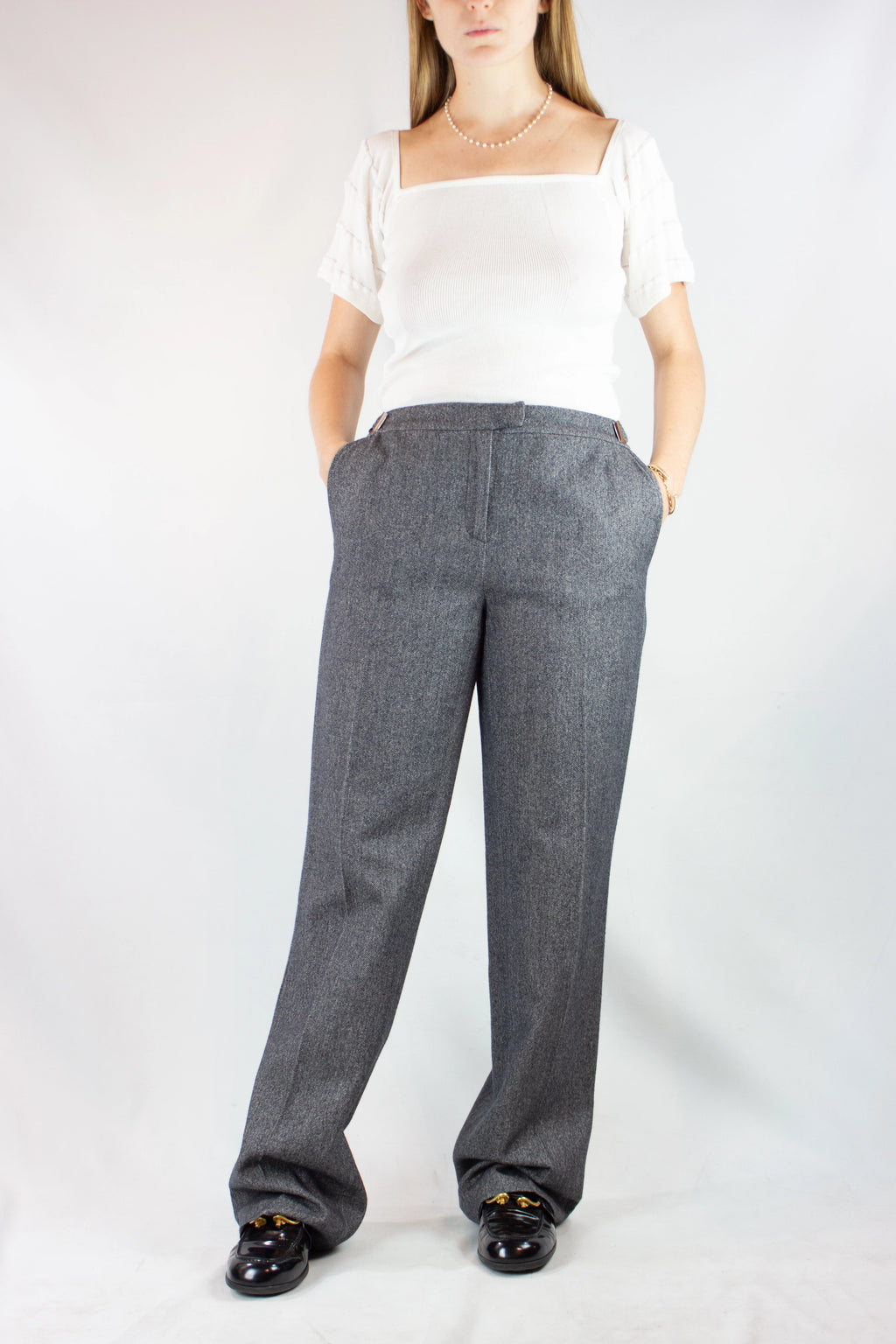 Wool High-Waisted Trousers with Buckle Waistband