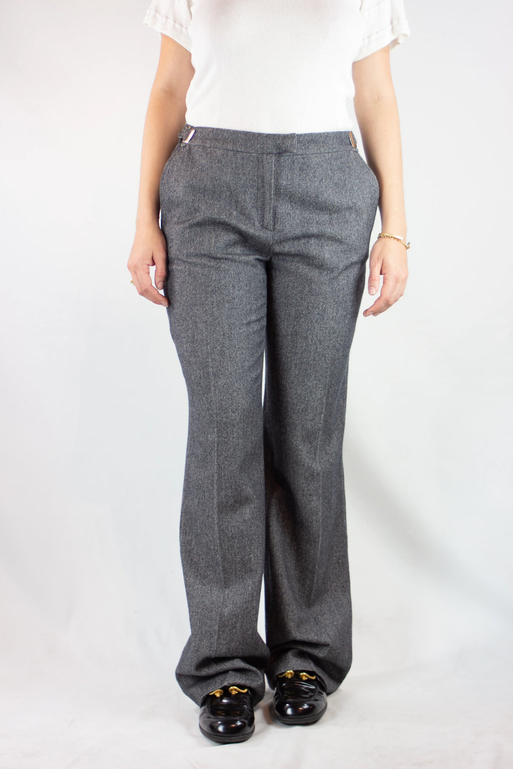 Wool High-Waisted Trousers with Buckle Waistband