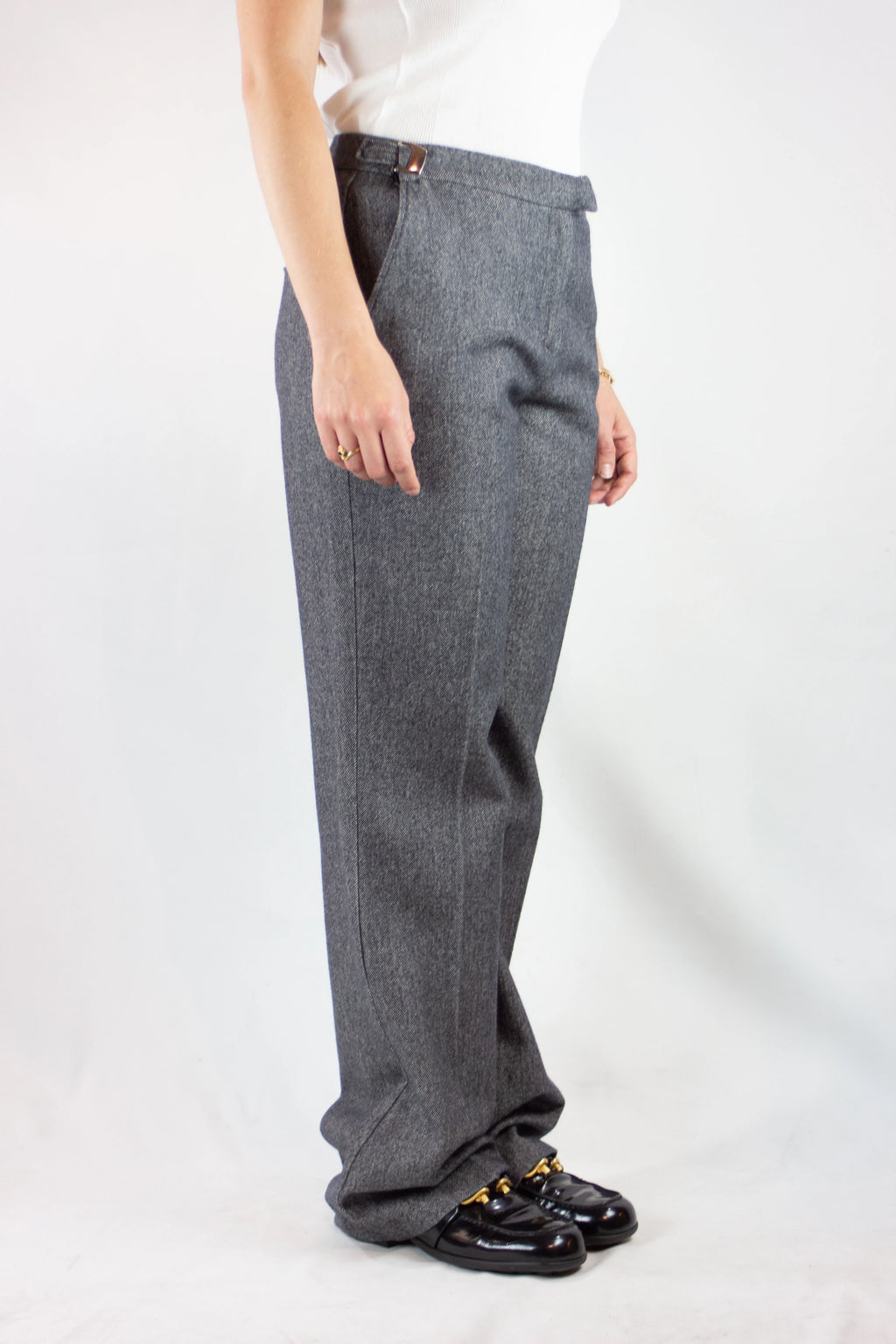 Wool High-Waisted Trousers with Buckle Waistband