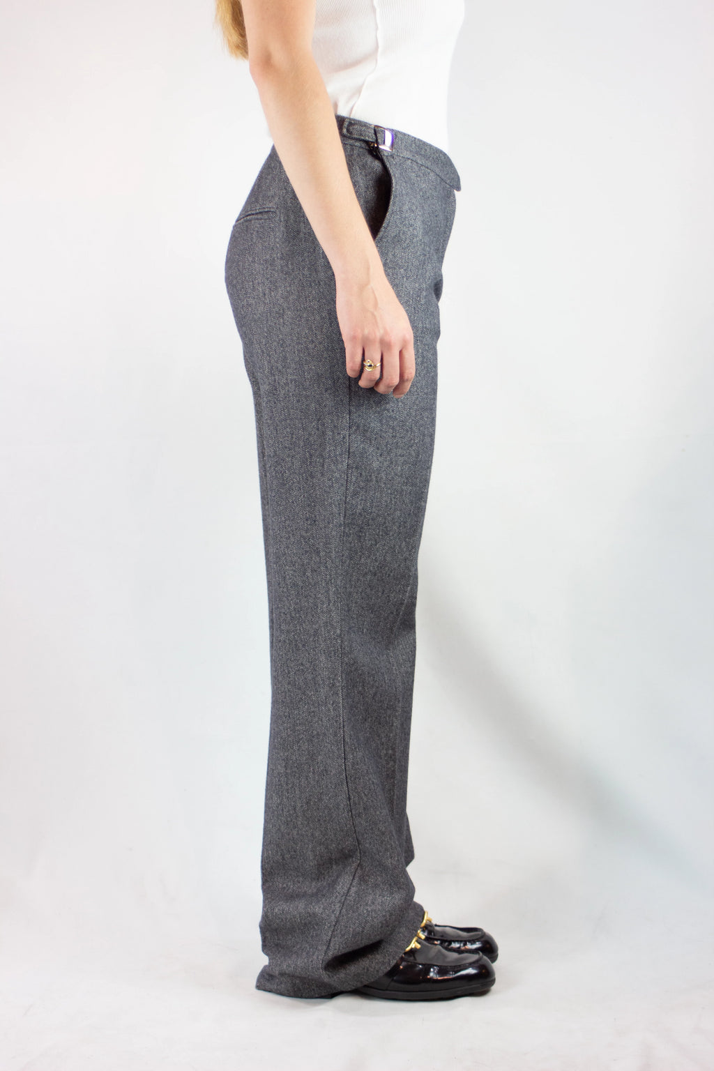 Wool High-Waisted Trousers with Buckle Waistband