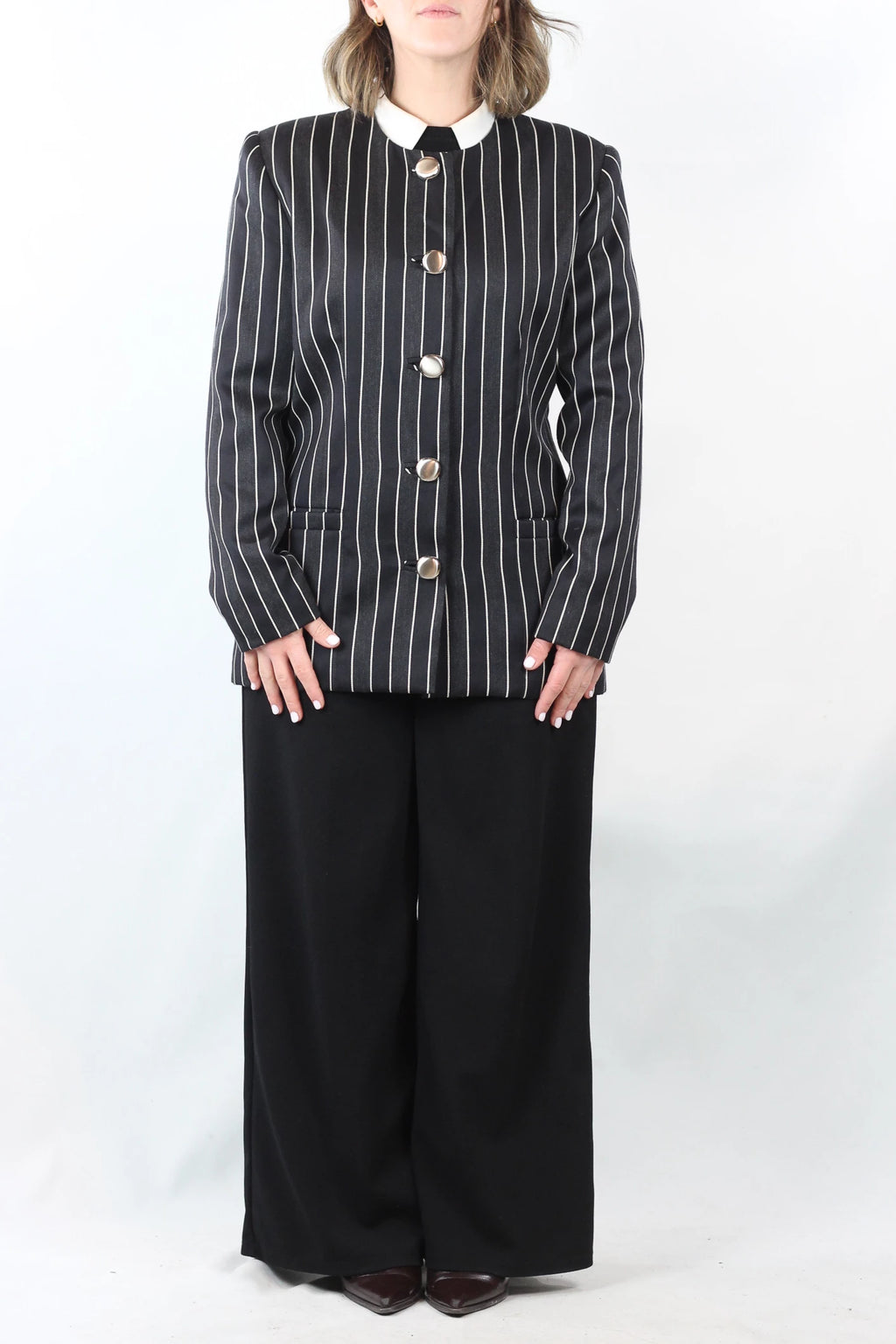 Striped Collarless Blazer with Gold Buttons