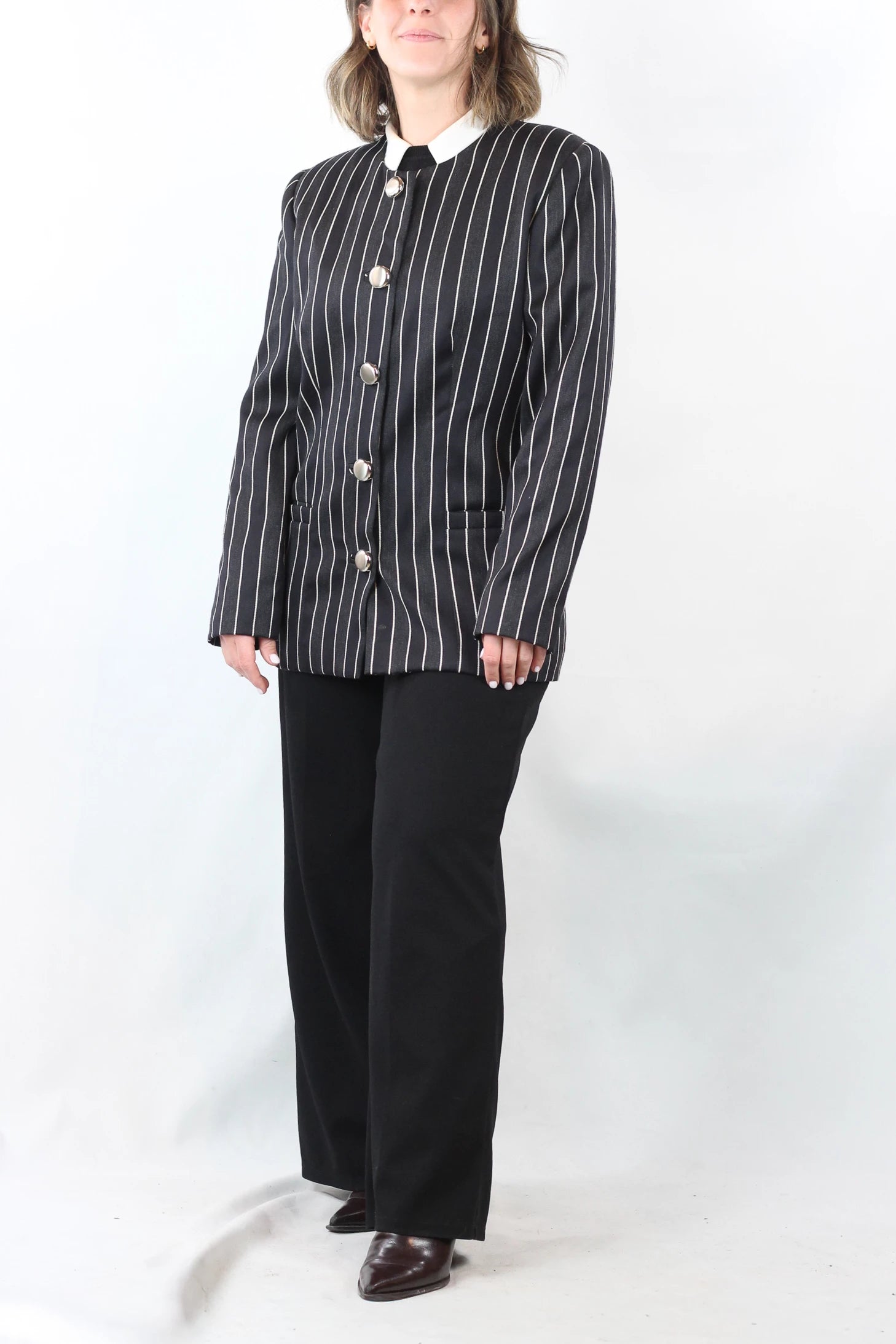 Striped Collarless Blazer with Gold Buttons