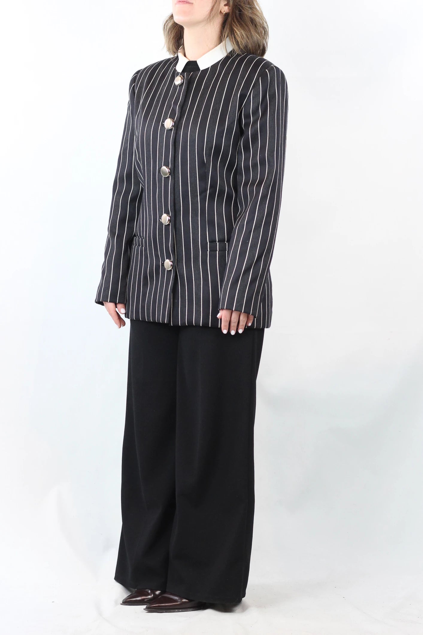 Striped Collarless Blazer with Gold Buttons