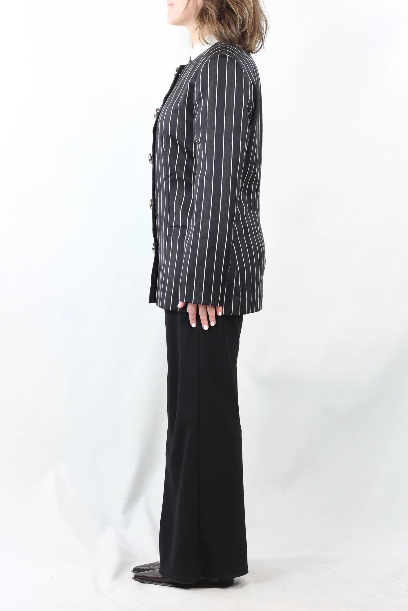 Striped Collarless Blazer with Gold Buttons