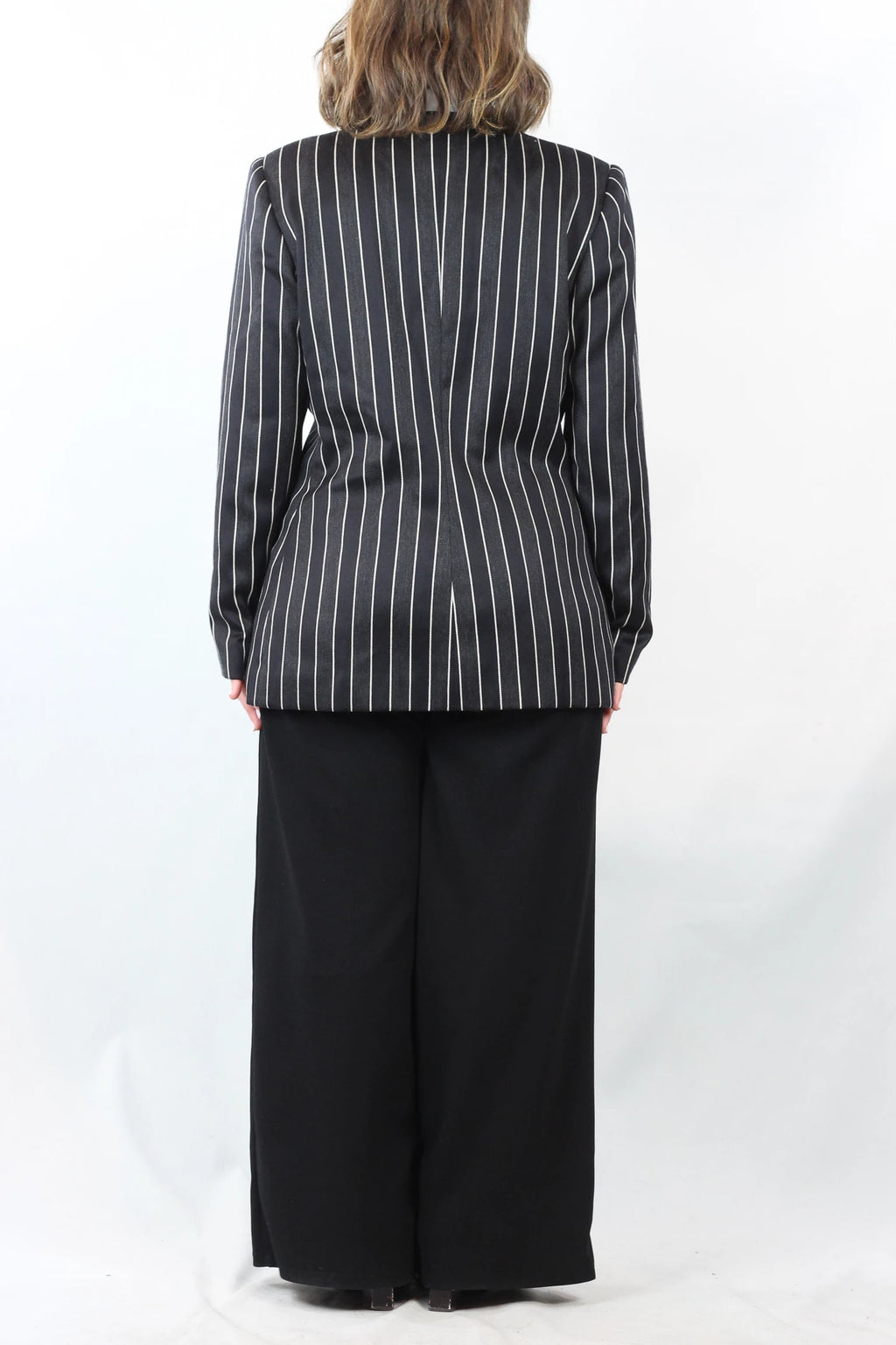Striped Collarless Blazer with Gold Buttons