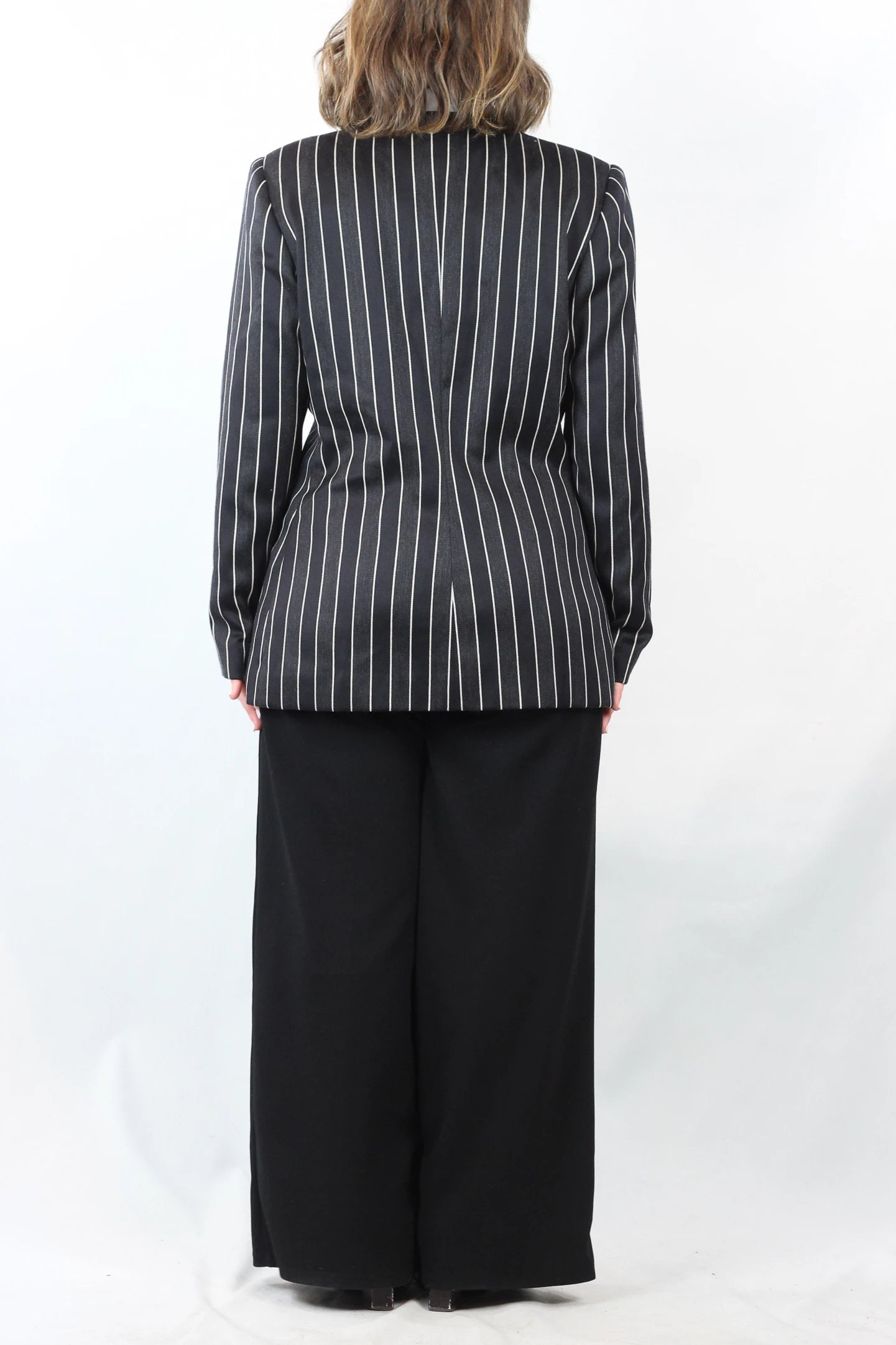 Striped Collarless Blazer with Gold Buttons