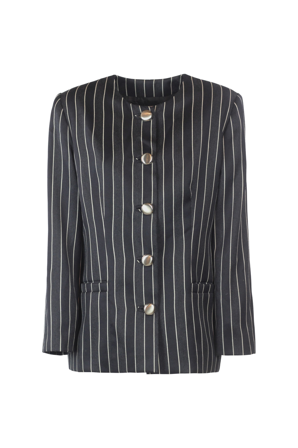 Striped Collarless Blazer with Gold Buttons