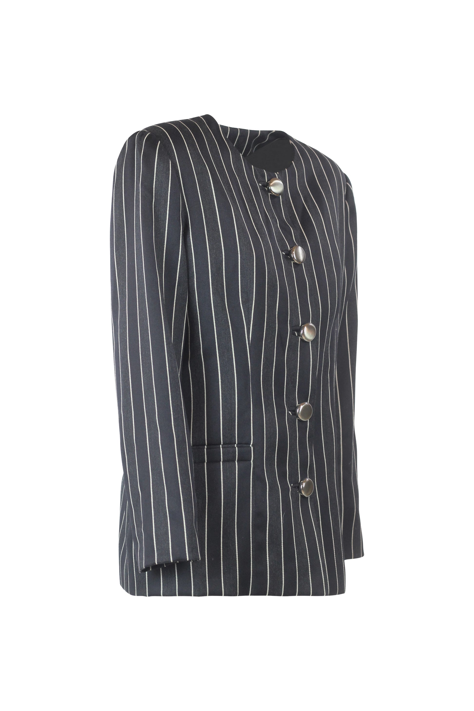 Striped Collarless Blazer with Gold Buttons