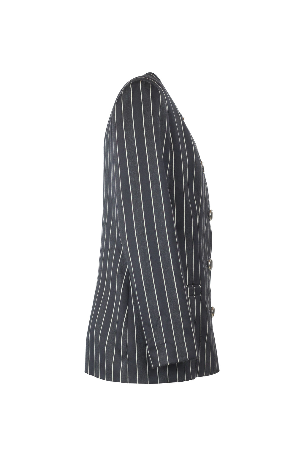 Striped Collarless Blazer with Gold Buttons