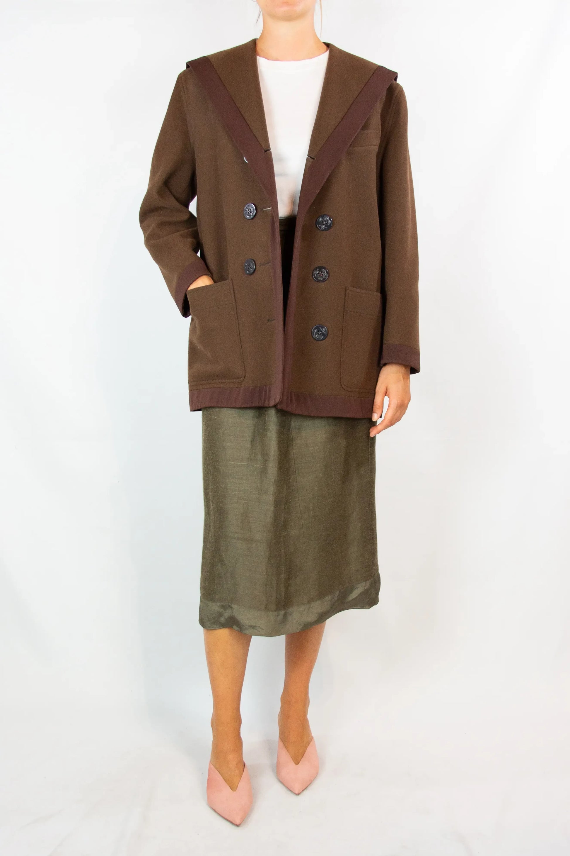 Brown Wool Marinière Coat with Anchor Buttons