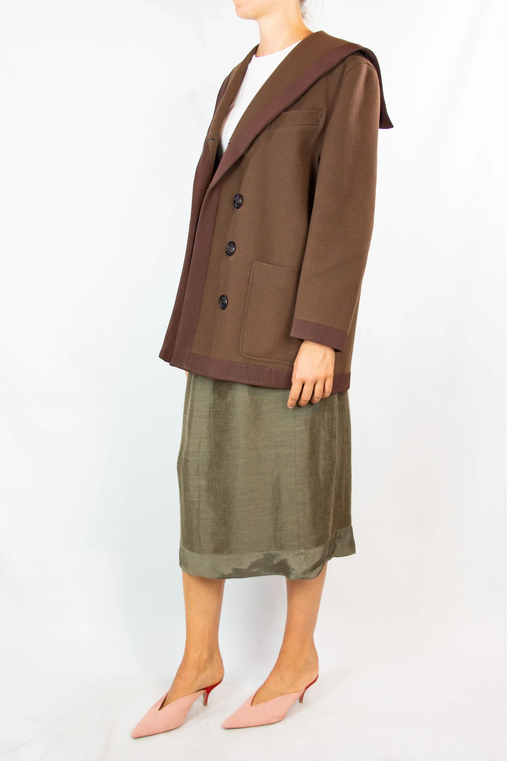 Brown Wool Marinière Coat with Anchor Buttons
