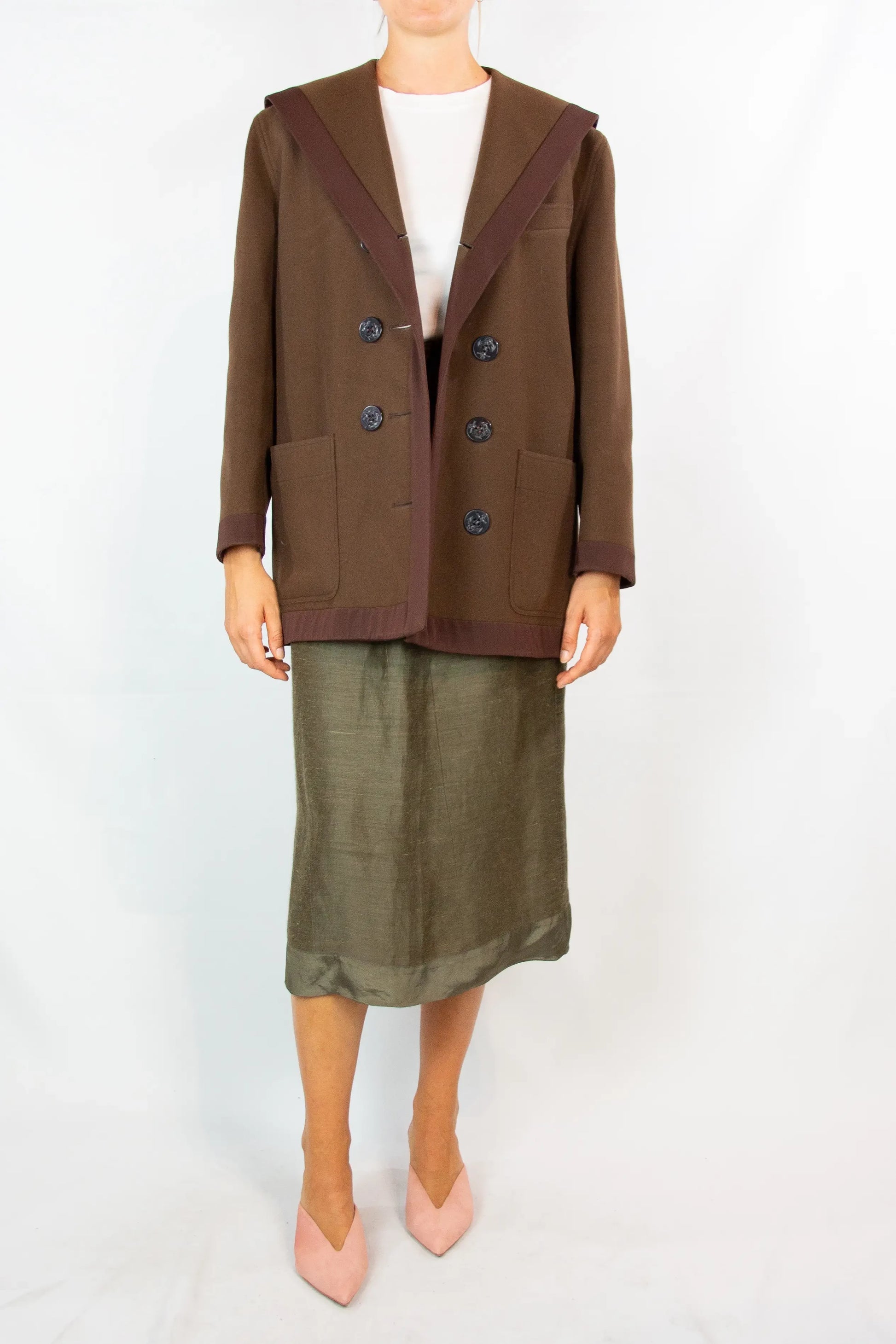 Brown Wool Marinière Coat with Anchor Buttons