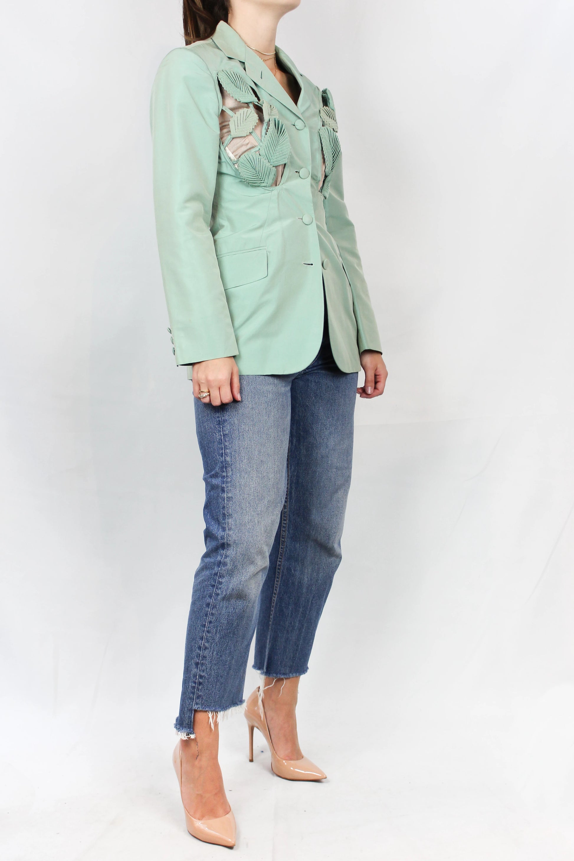 Vintage Corset-Waist Blazer with Silk Leaf Appliqué