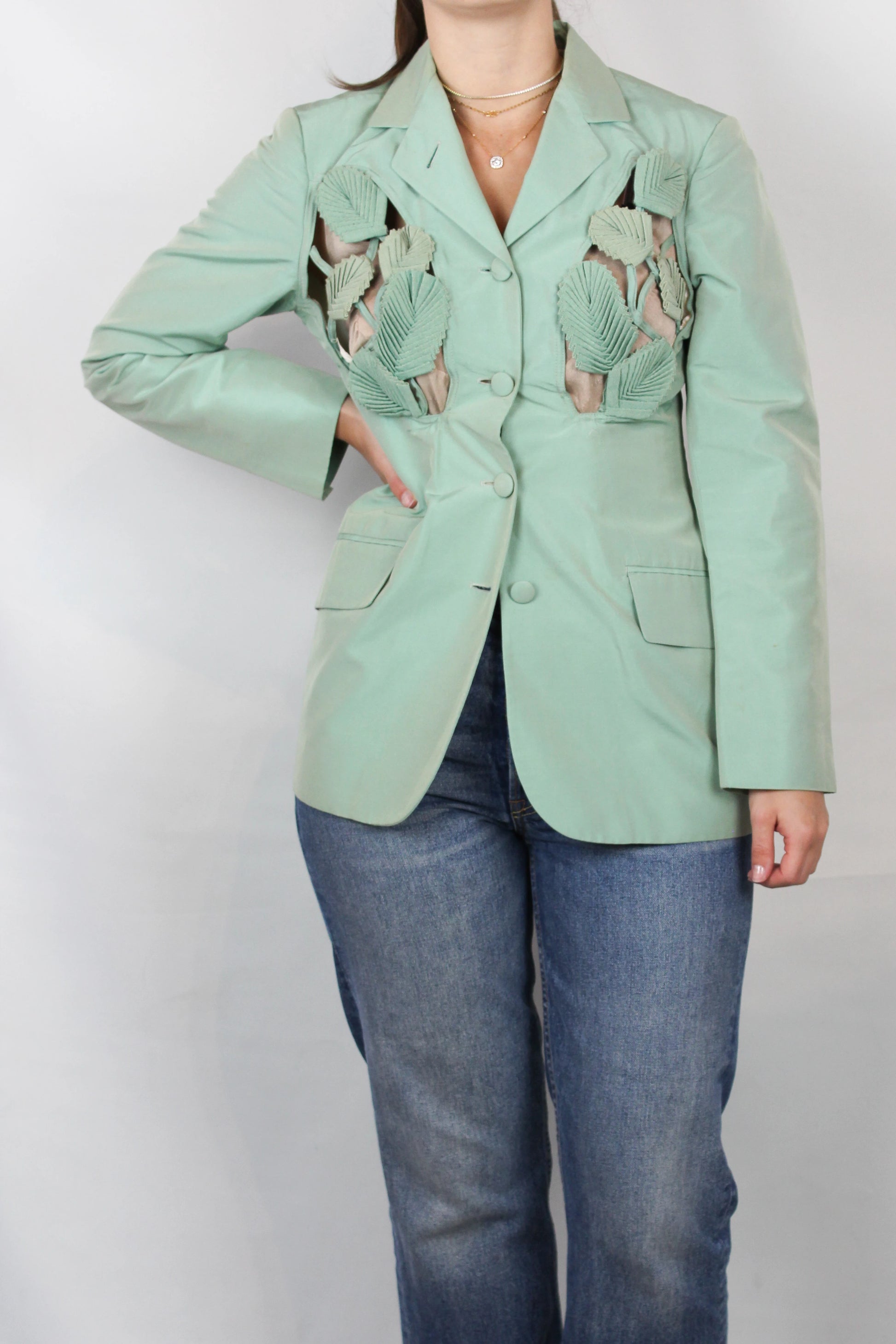 Vintage Corset-Waist Blazer with Silk Leaf Appliqué