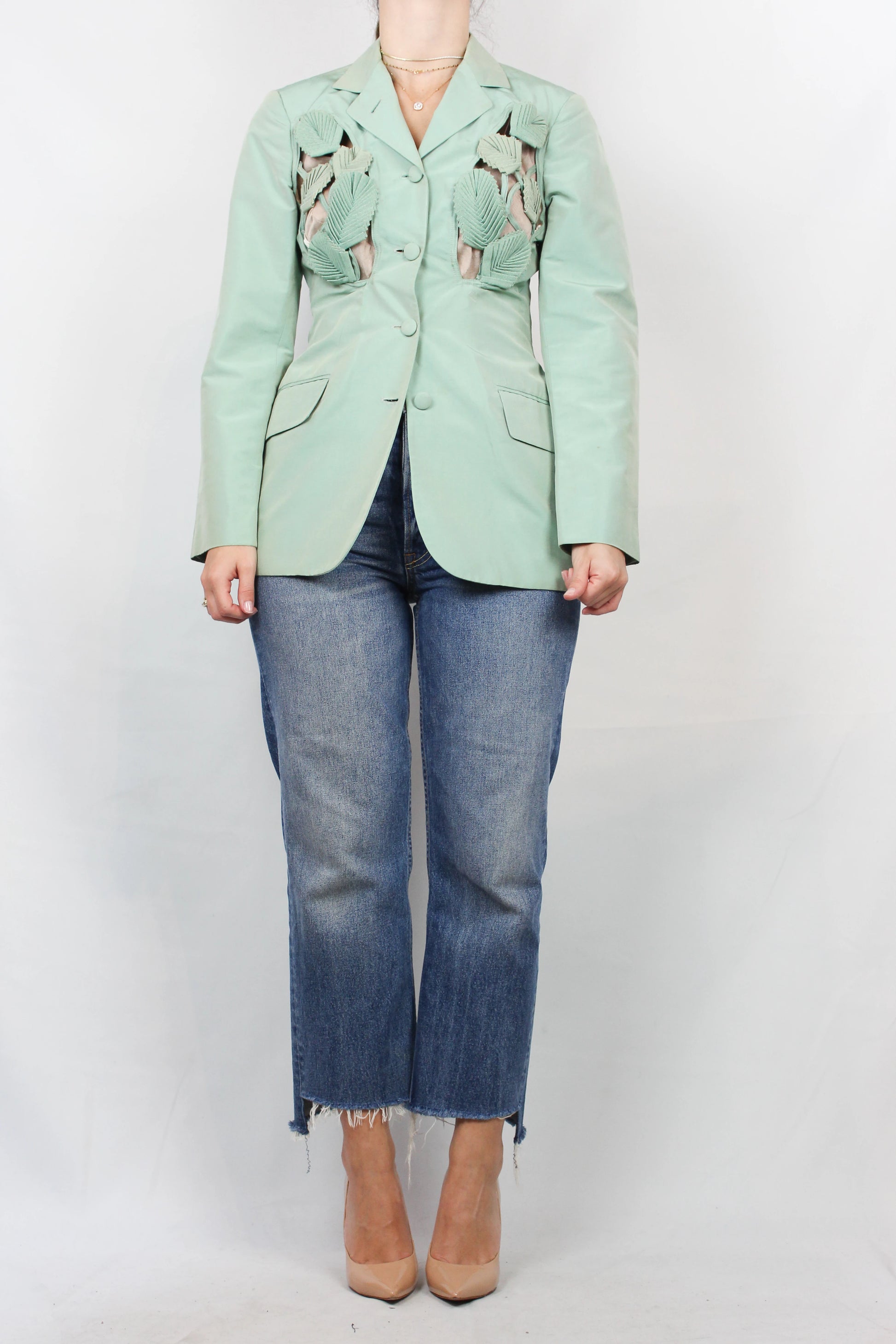 Vintage Corset-Waist Blazer with Silk Leaf Appliqué
