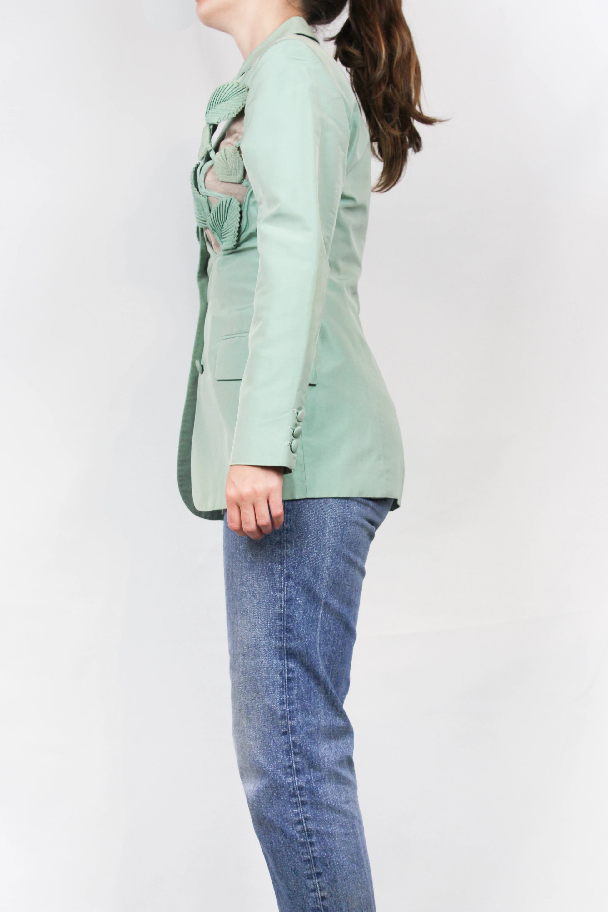 Vintage Corset-Waist Blazer with Silk Leaf Appliqué