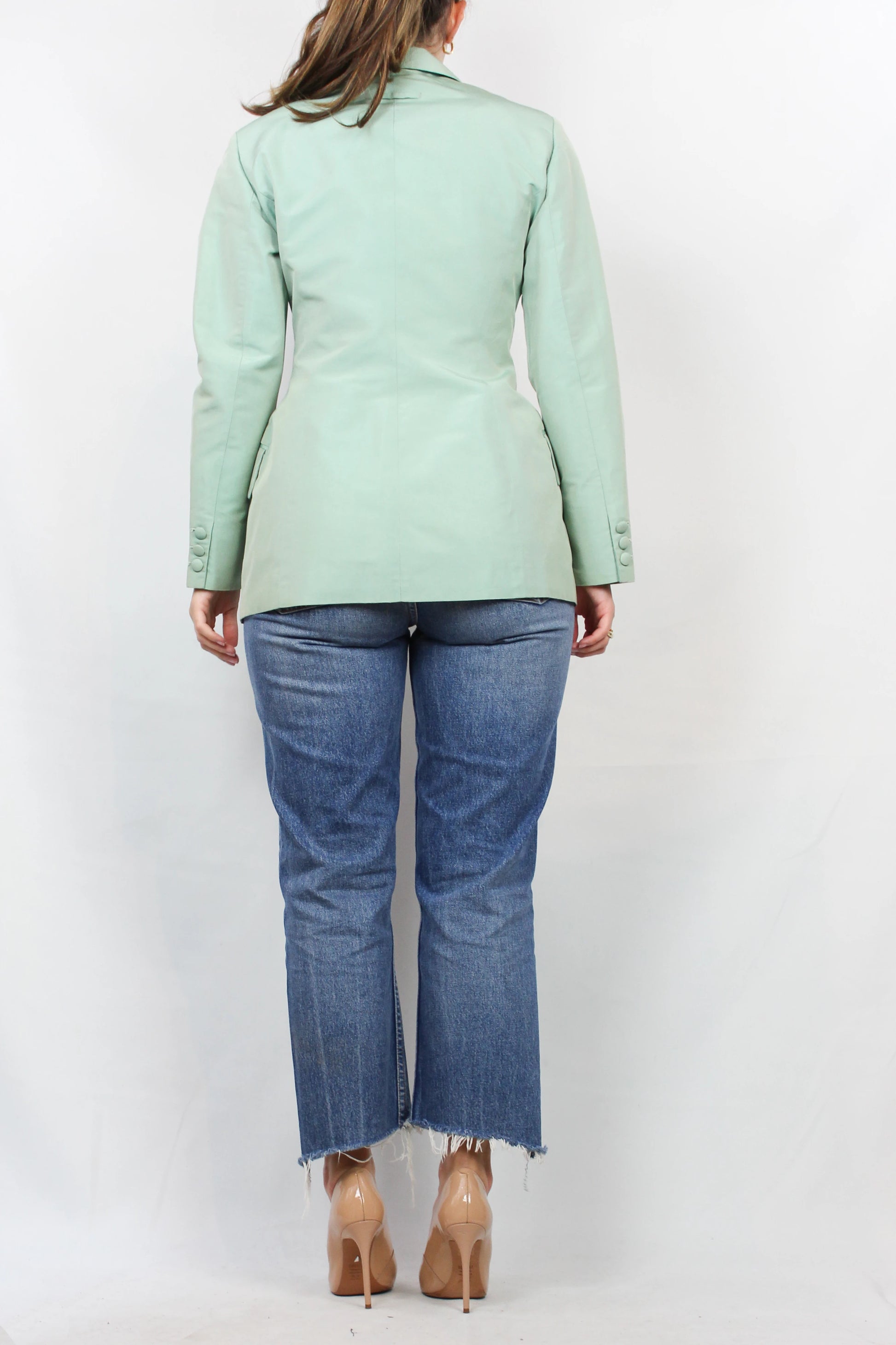 Vintage Corset-Waist Blazer with Silk Leaf Appliqué