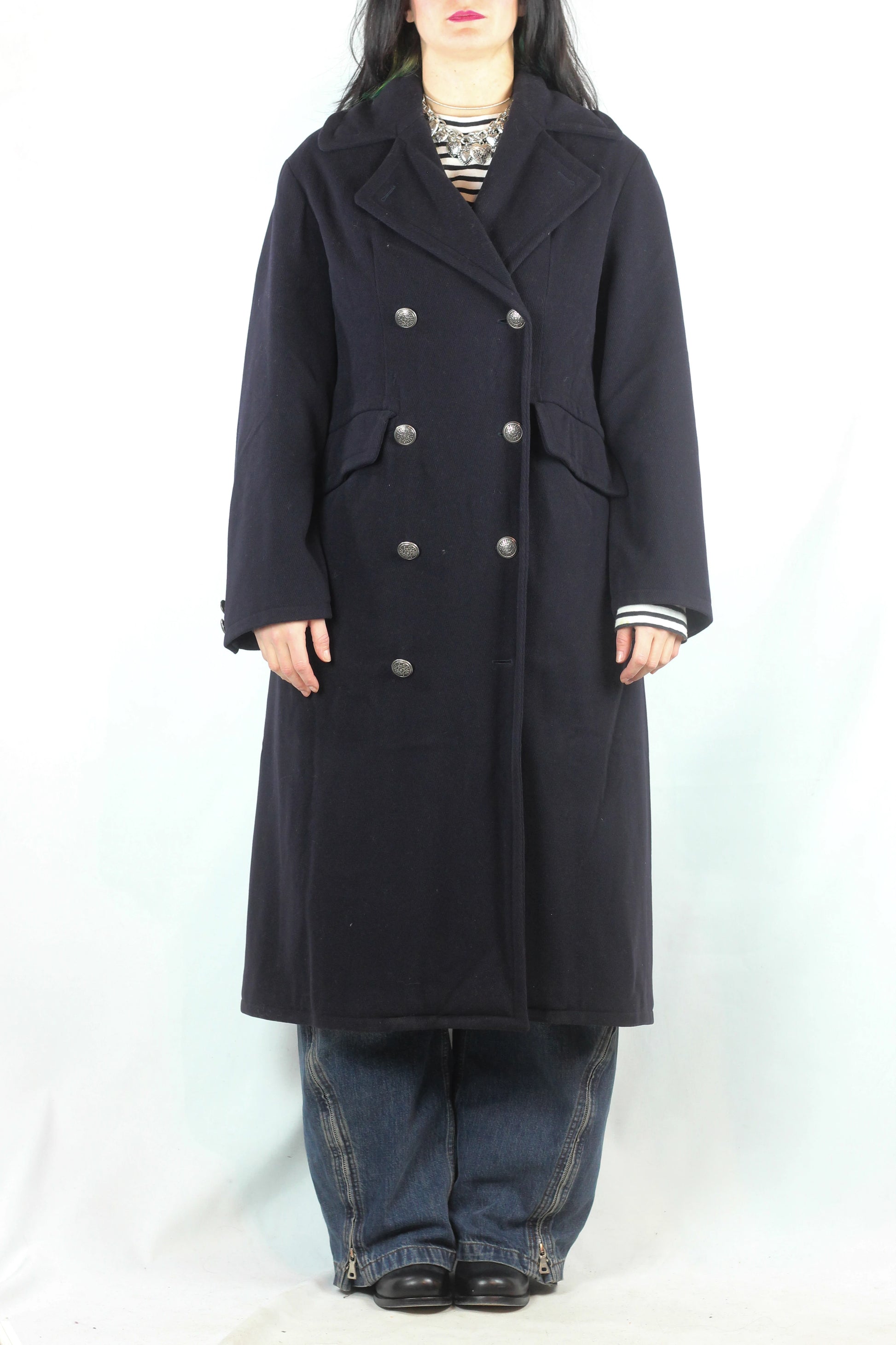 Navy Wool Maxi Coat with Gold Buttons