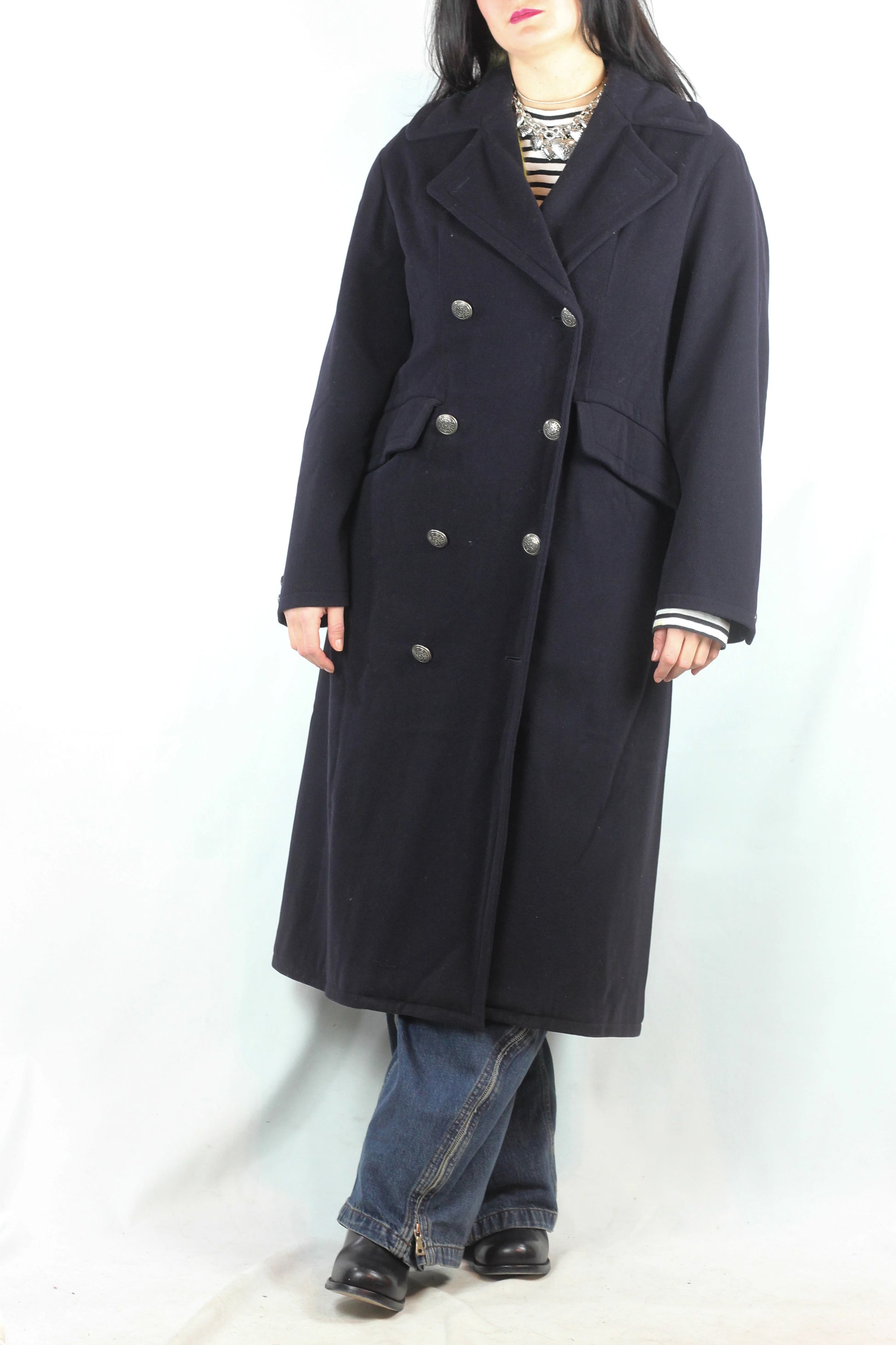 Navy Wool Maxi Coat with Gold Buttons