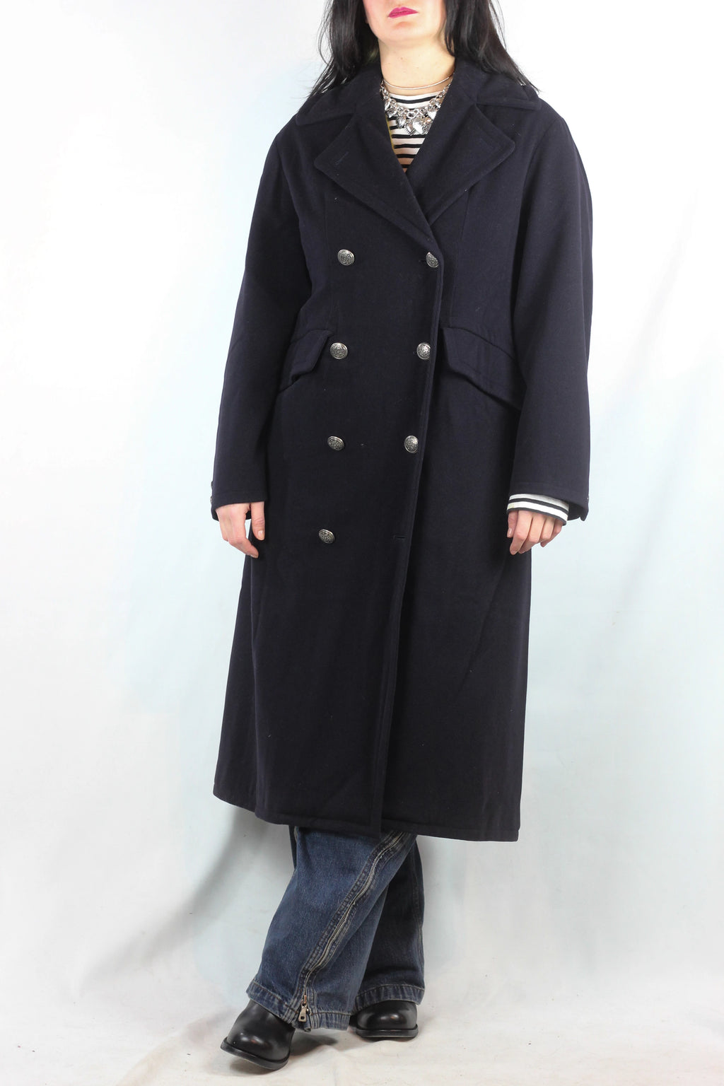Navy Wool Maxi Coat with Gold Buttons