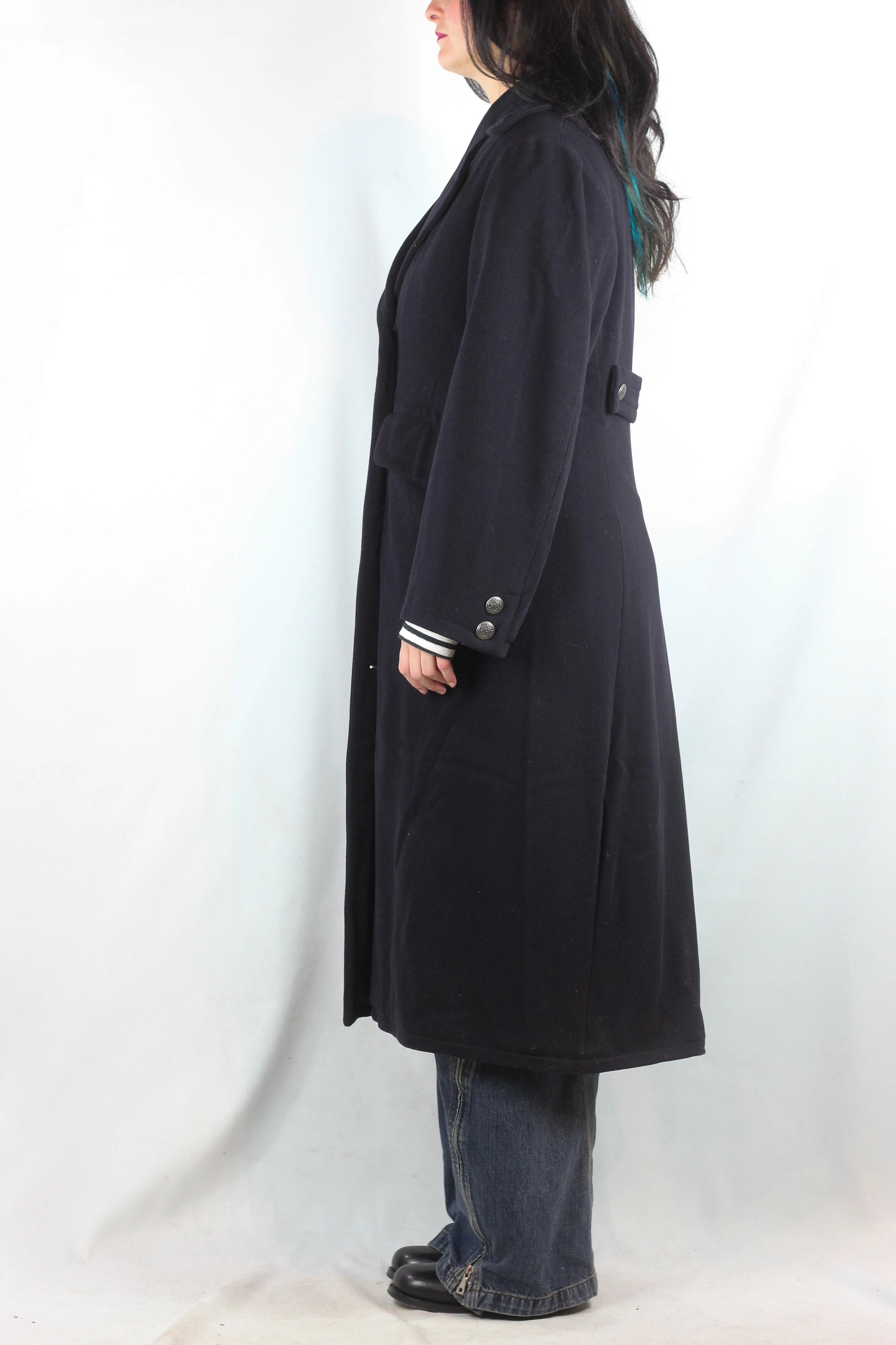 Navy Wool Maxi Coat with Gold Buttons
