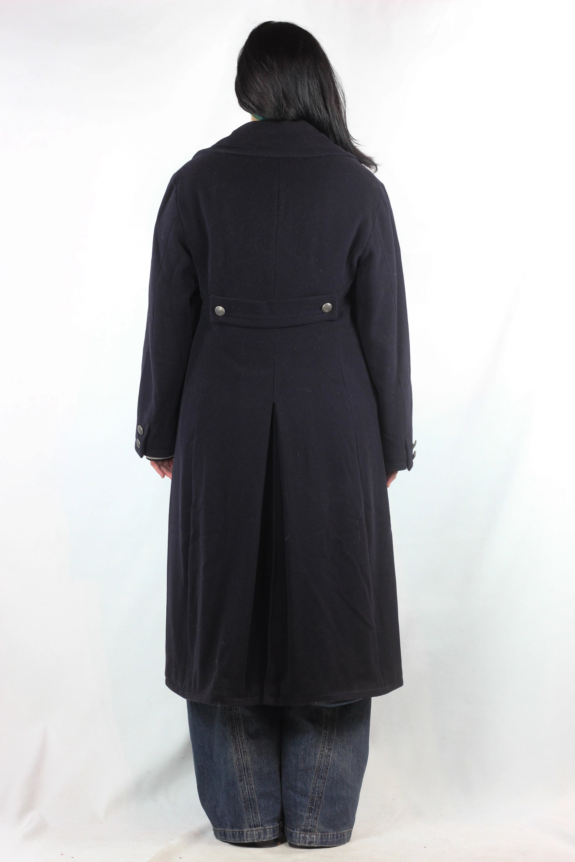 Navy Wool Maxi Coat with Gold Buttons