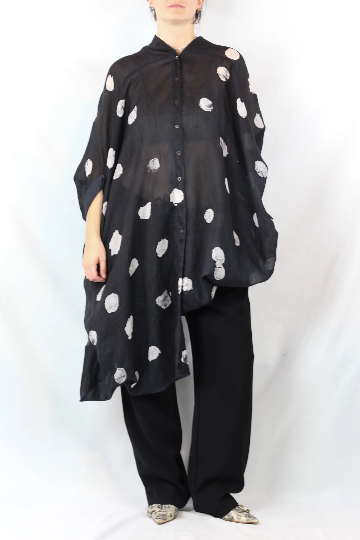 Gauze Linen Oversized Dot-Print Shirt Dress