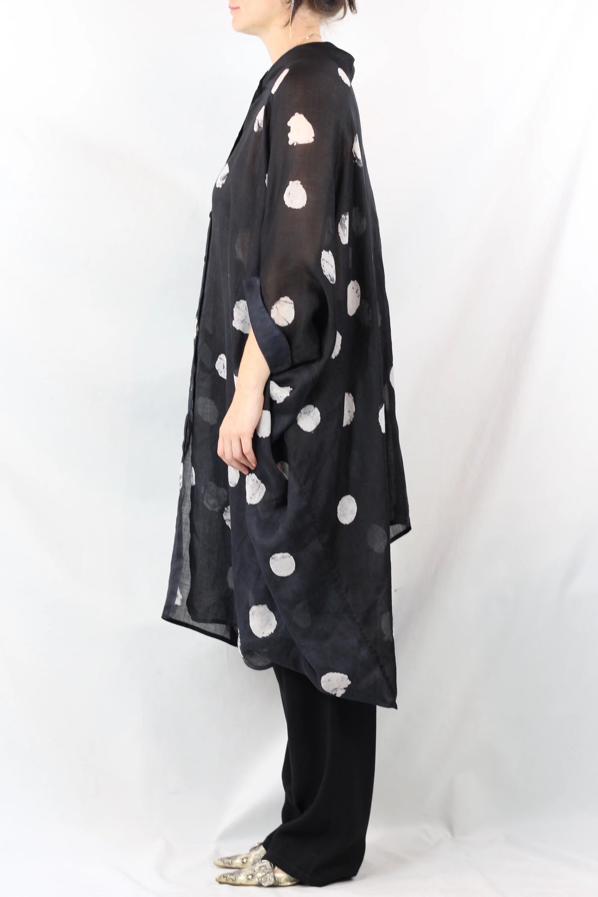Gauze Linen Oversized Dot-Print Shirt Dress
