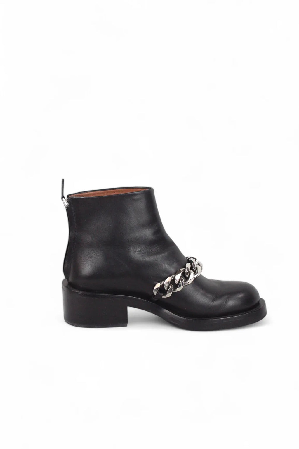 Black leather ankle boots with chain detail