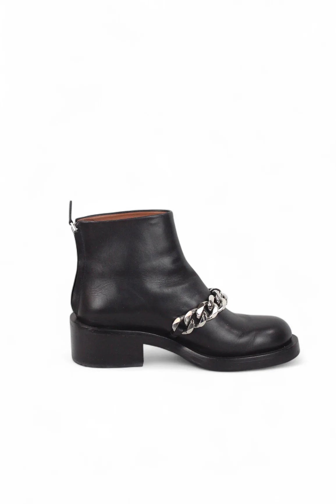 Black leather ankle boots with chain detail