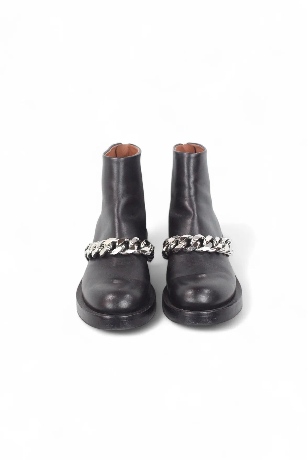 Black leather ankle boots with chain detail