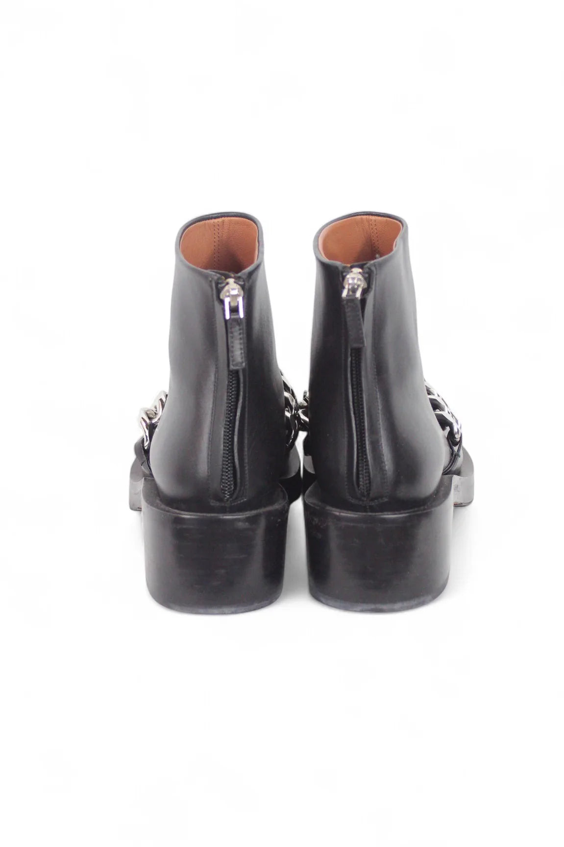 Black leather ankle boots with chain detail