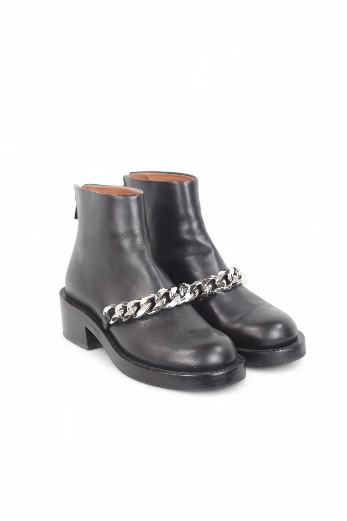 Black leather ankle boots with chain detail