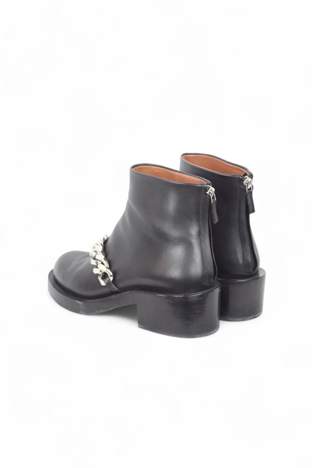 Black leather ankle boots with chain detail