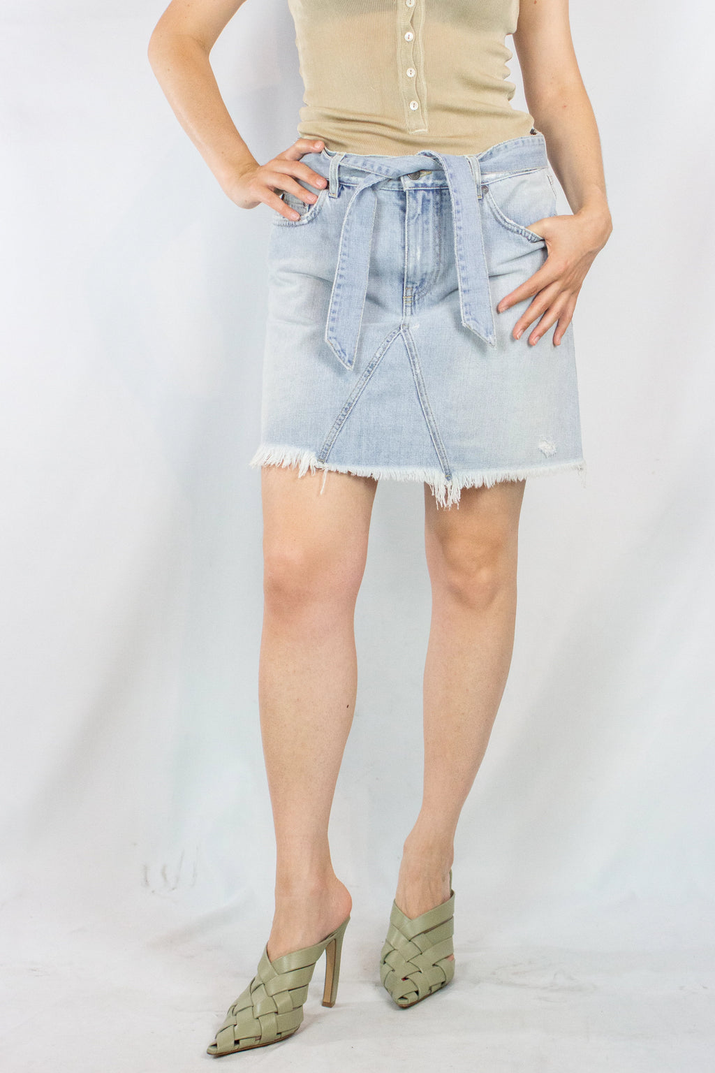 Light Denim Mini Skirt with Frayed Hem