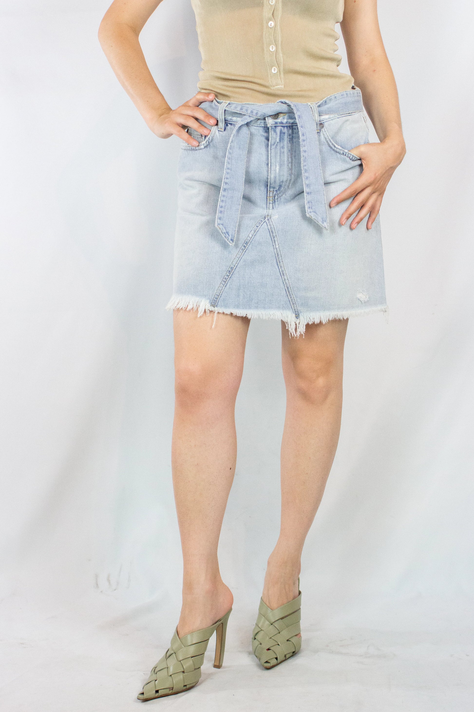 Light Denim Mini Skirt with Frayed Hem