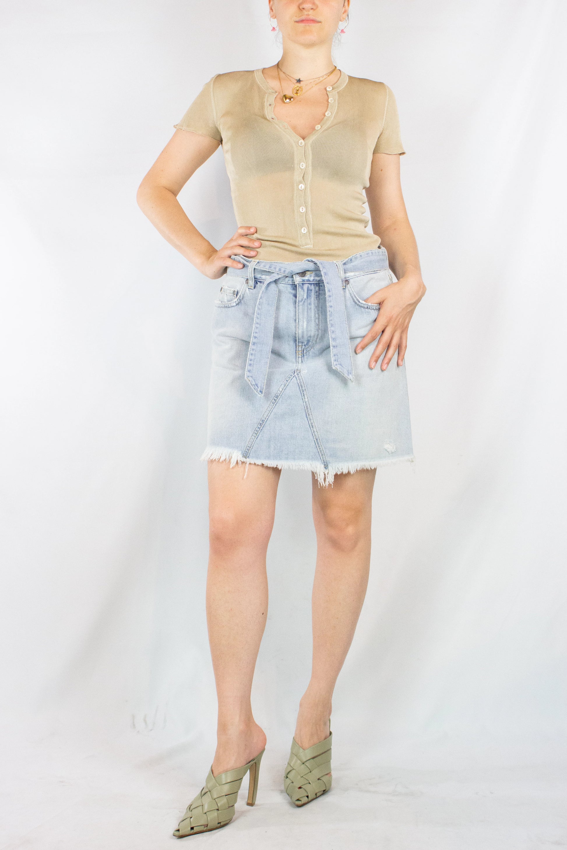 Light Denim Mini Skirt with Frayed Hem