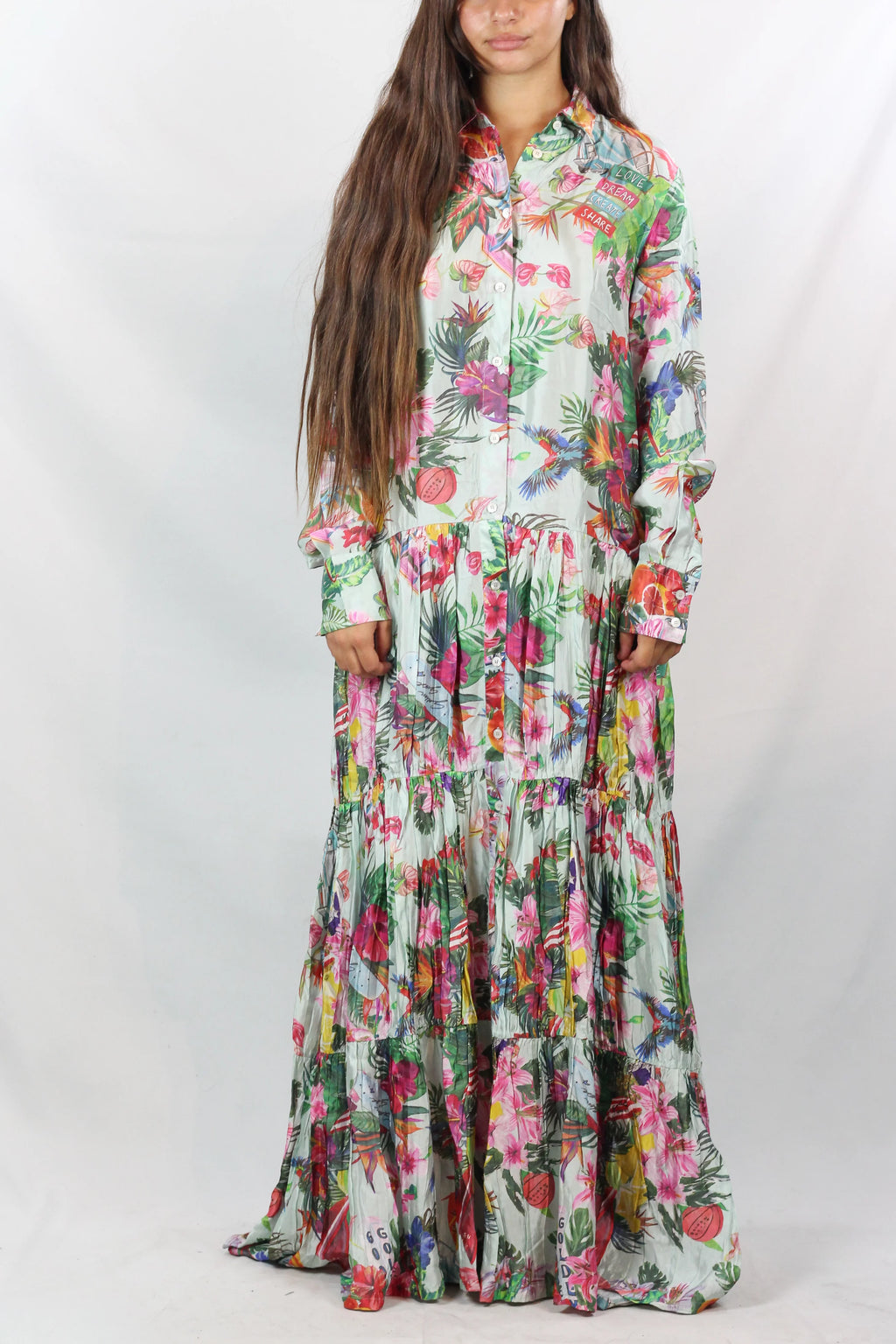 Tropical Print Tiered Maxi Shirt Dress