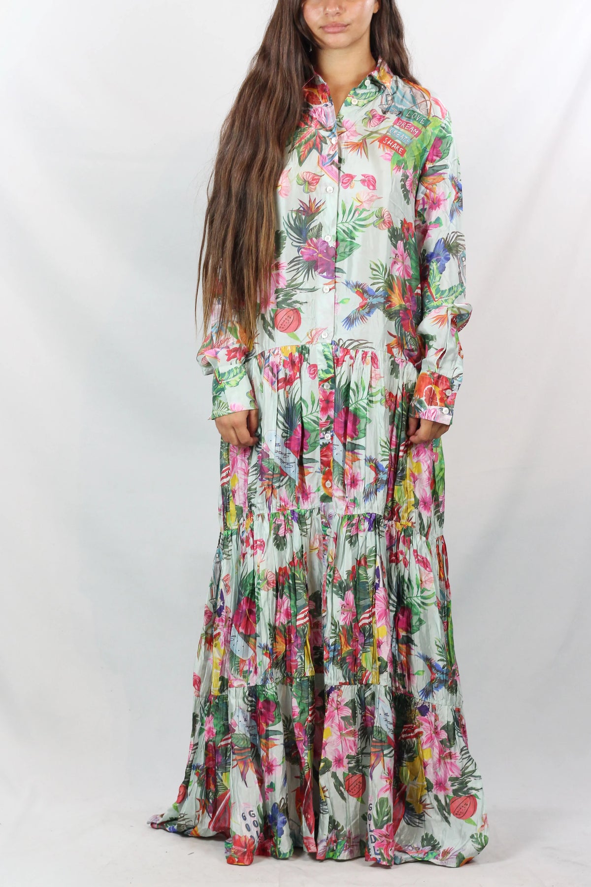 Tropical Print Tiered Maxi Shirt Dress