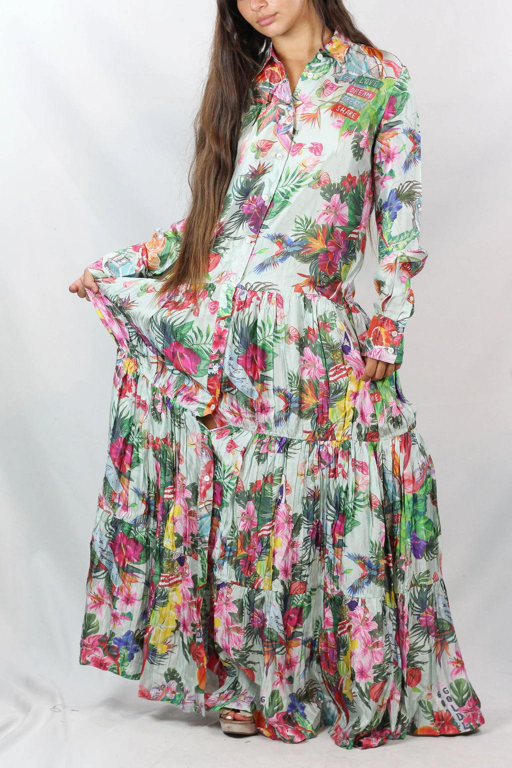 Tropical Print Tiered Maxi Shirt Dress