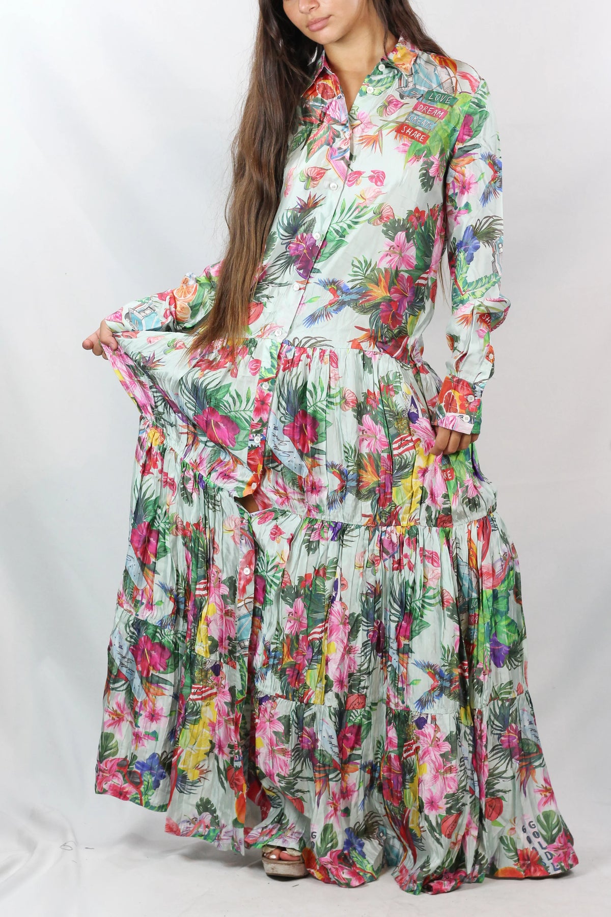 Tropical Print Tiered Maxi Shirt Dress