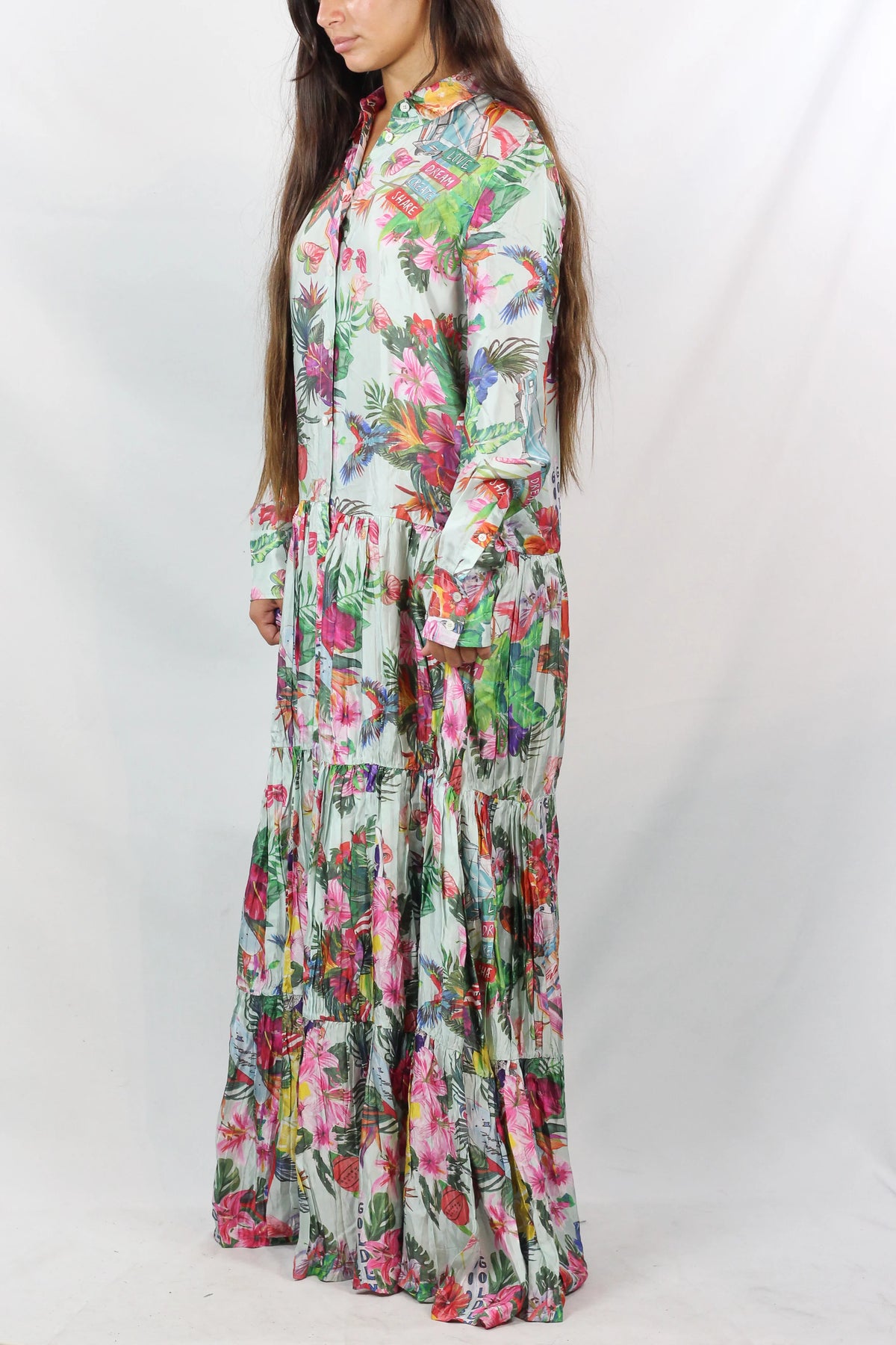 Tropical Print Tiered Maxi Shirt Dress