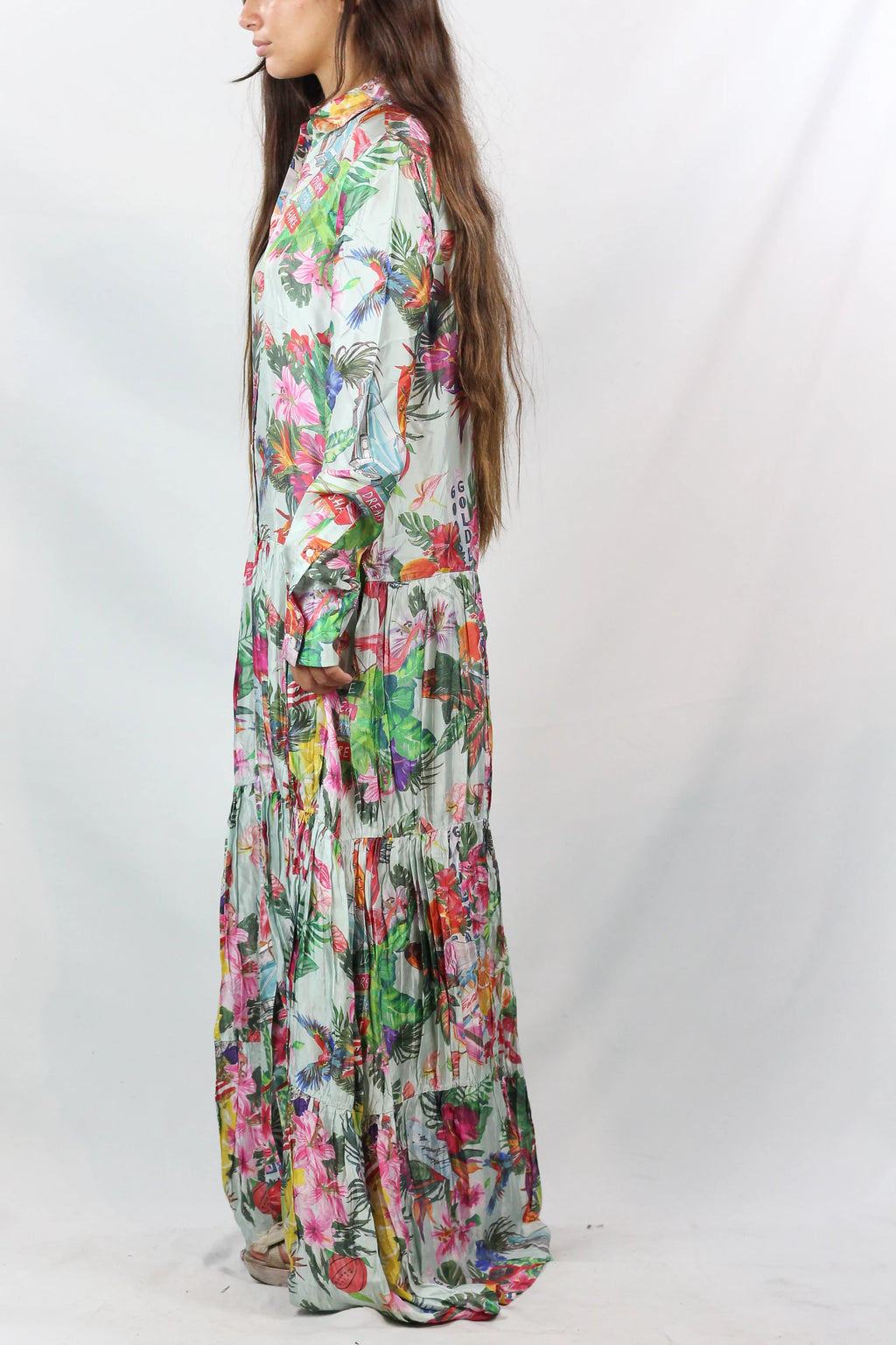Tropical Print Tiered Maxi Shirt Dress