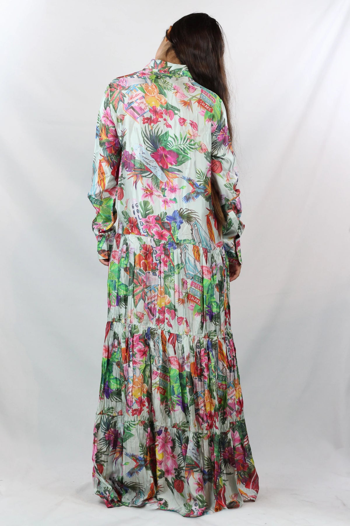 Tropical Print Tiered Maxi Shirt Dress