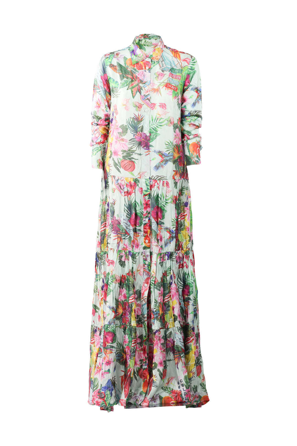 Tropical Print Tiered Maxi Shirt Dress
