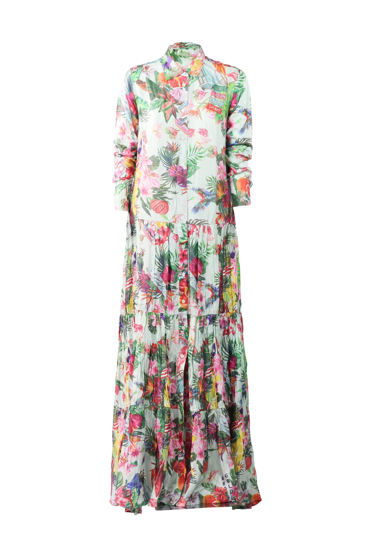 Tropical Print Tiered Maxi Shirt Dress
