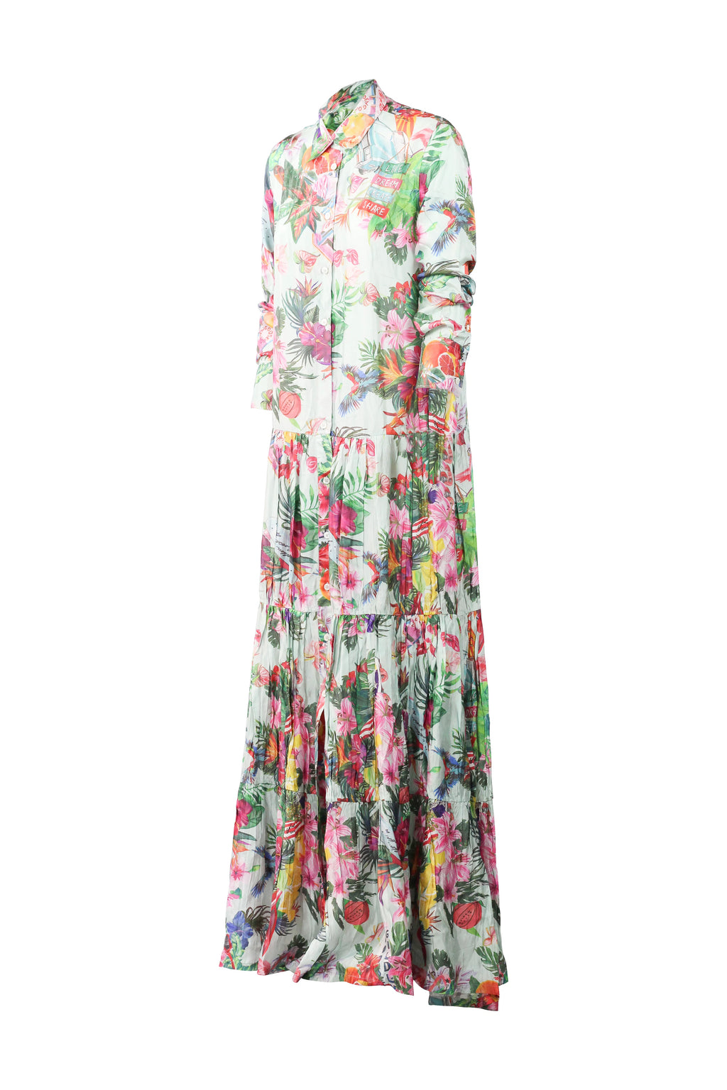 Tropical Print Tiered Maxi Shirt Dress