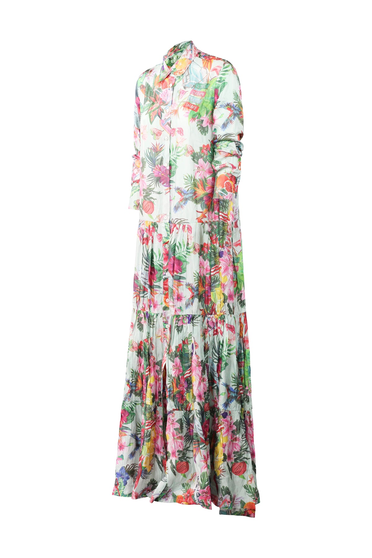 Tropical Print Tiered Maxi Shirt Dress