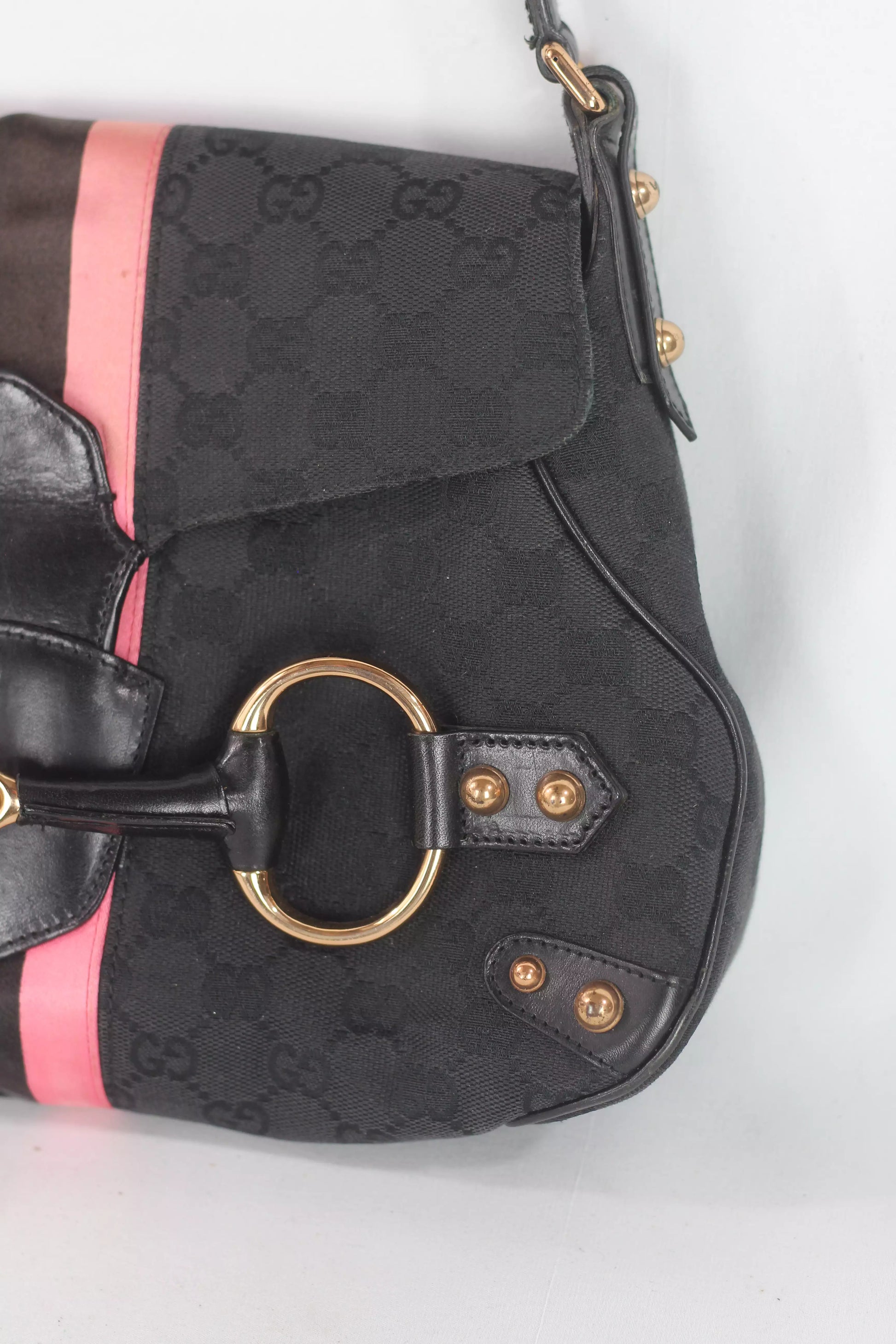 Horsebit Shoulder Bag with Web Stripe Detail